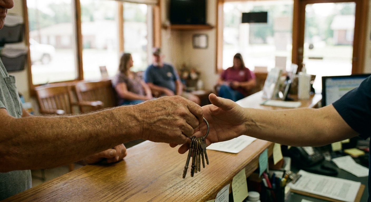 A veterinary practice owner handing over the clinic keys to the new owner, a calm and unposed handover moment in the clinic with natural light