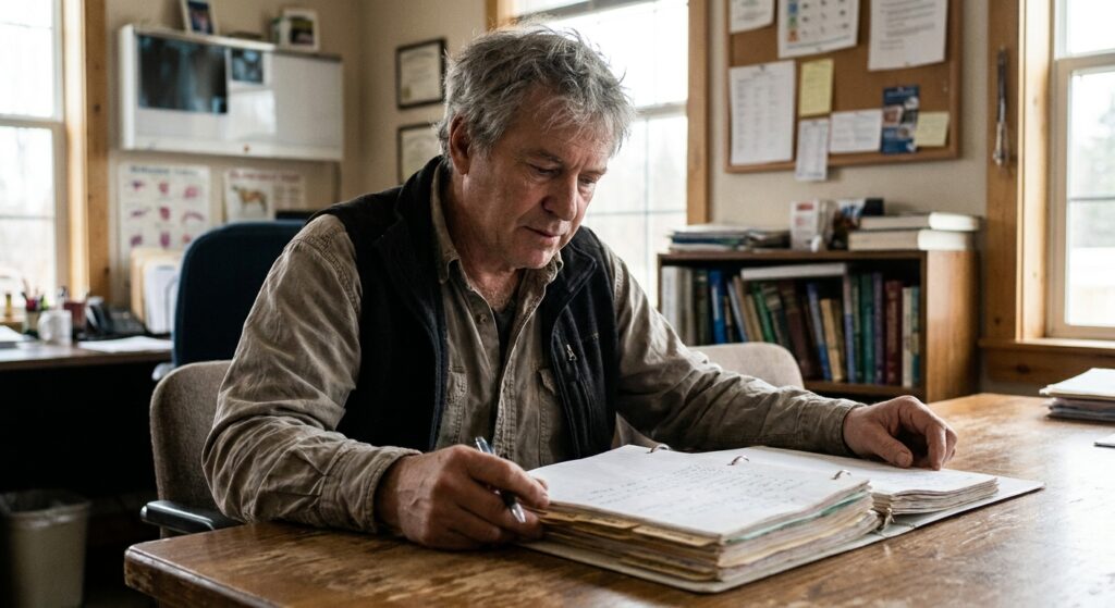 Veterinarian reviewing a closing binder of documents before the sale closes