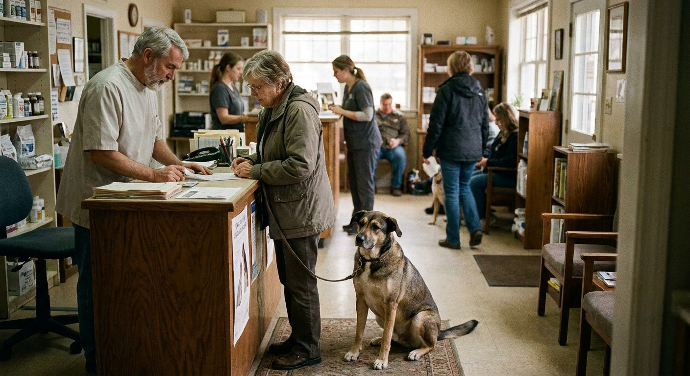 A veterinarian in her fifties sitting at a desk in a quiet practice office, reading a written acquisition offer document, reading glasses on, a coffee mug and appointment book beside her, looking down at the paperwork in a calm focused moment