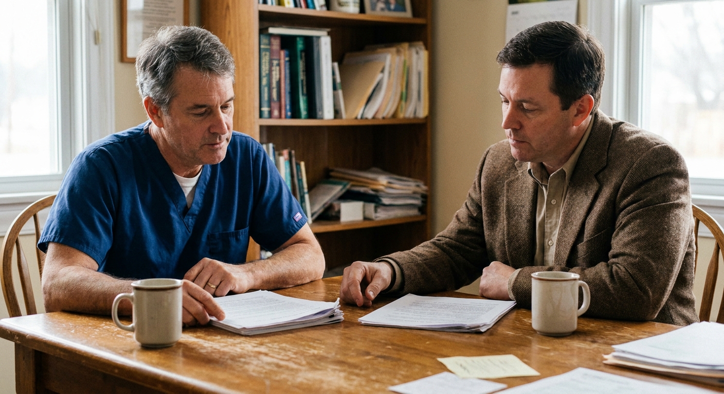 A veterinarian sitting at a desk reviewing a written offer, pen in hand, papers spread open, looking down at the documents, unposed