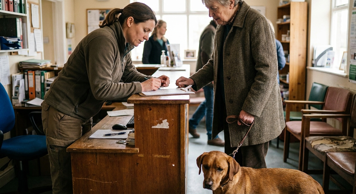 A veterinarian and a sell-side advisor sitting at a table reviewing offer terms together, looking down at documents spread between them, relaxed and focused, natural light