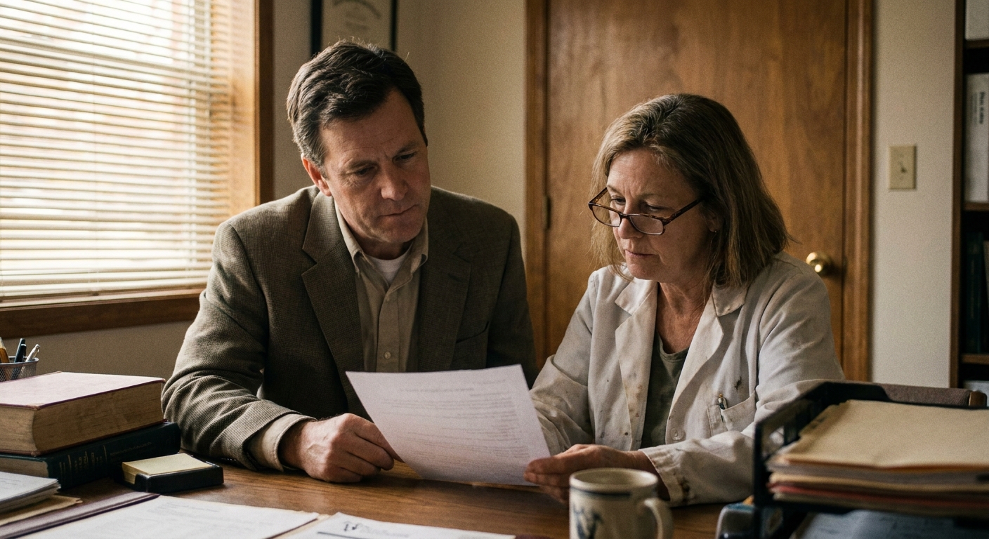 Veterinarian and sell-side advisor in a quiet closed-door meeting, reviewing documents together away from the practice floor, looking down at the papers