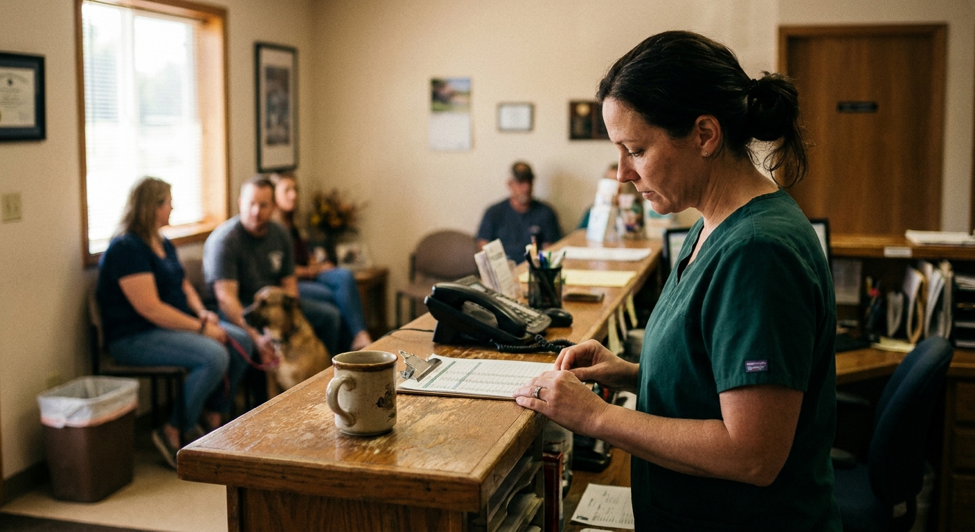 Veterinary practice owner addressing a small gathered team of vet staff in a clinic break room, speaking calmly and directly to them, warm daylight through the window