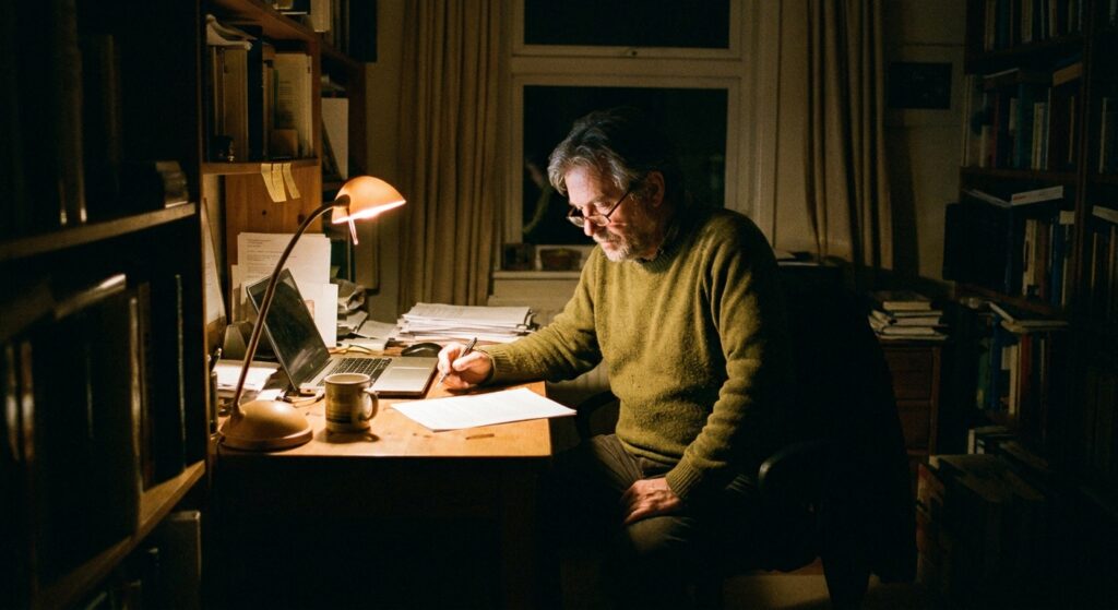 Veterinarian working privately at a home office desk late in the evening