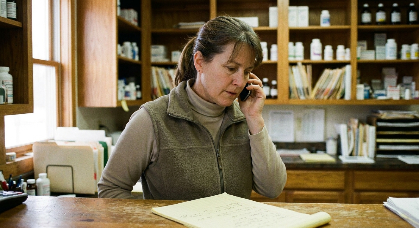 A veterinarian in her forties sitting at a cluttered practice desk, reviewing a stapled written acquisition offer, reading glasses in hand, a stethoscope and coffee mug beside the papers, looking down at the document in a quiet moment