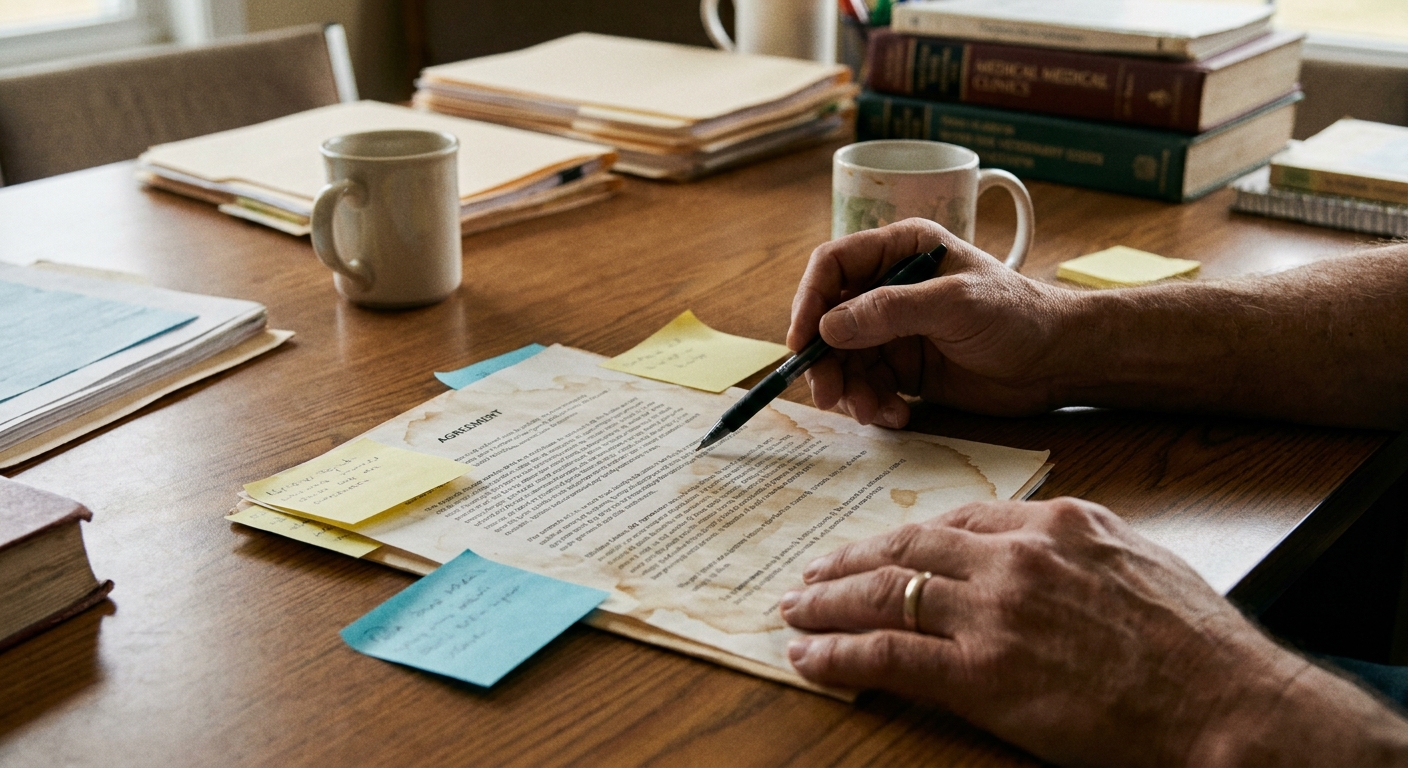 A veterinarian in his sixties seated beside a sell-side advisor at a wooden table, both looking down at a printed term sheet, a legal pad and two coffee cups between them, natural window light, a calm working moment