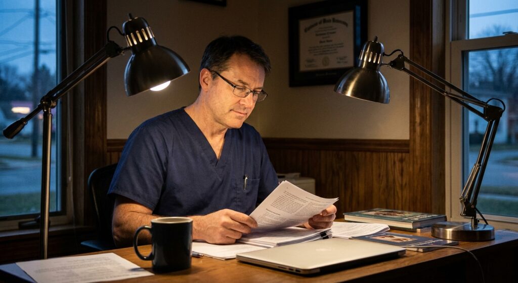 Veterinarian reviewing an acquisition offer for their practice