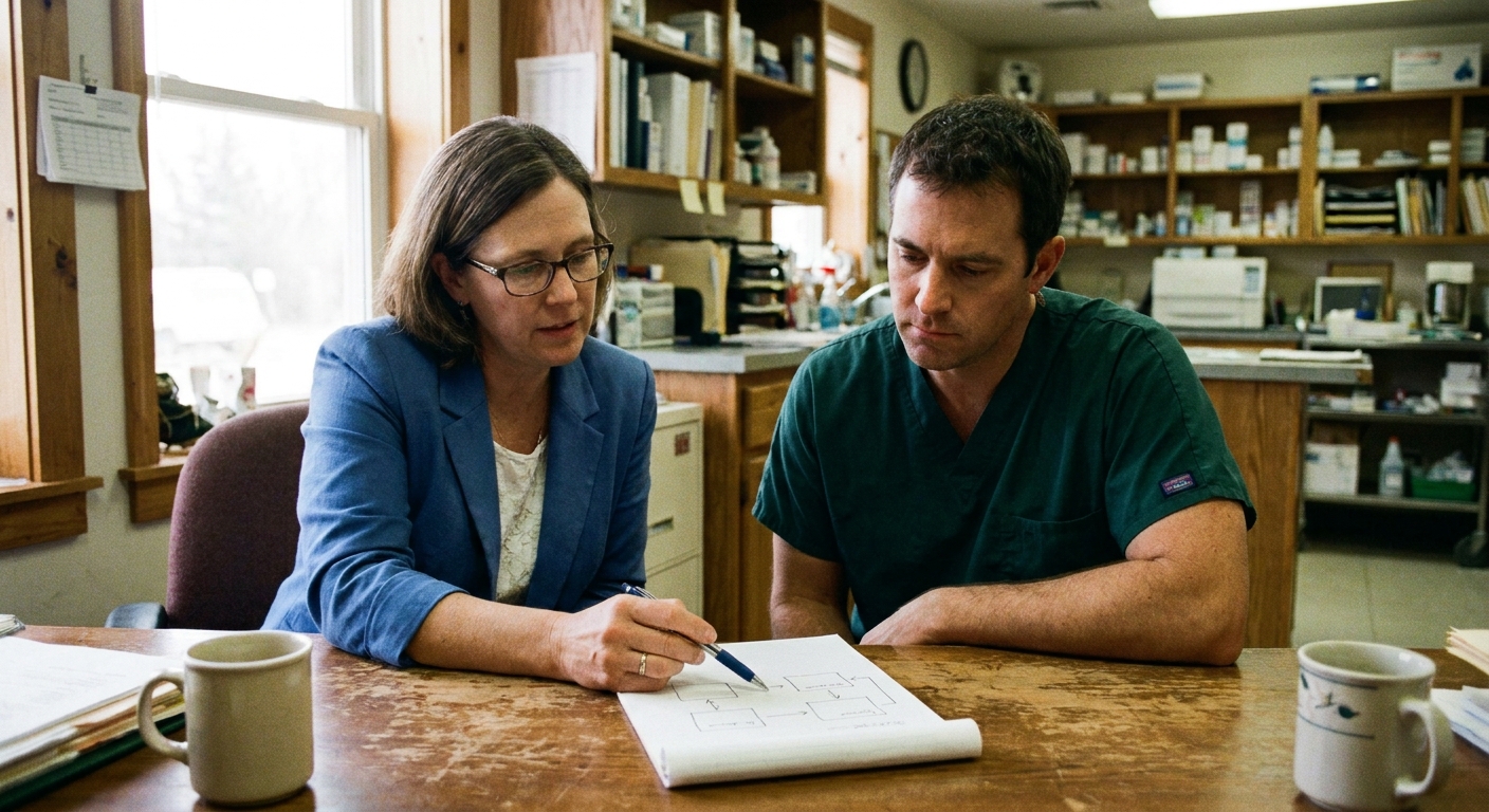 Sell-side advisor explaining a payment-structure diagram to a veterinarian across a table, both looking down at the document in natural light