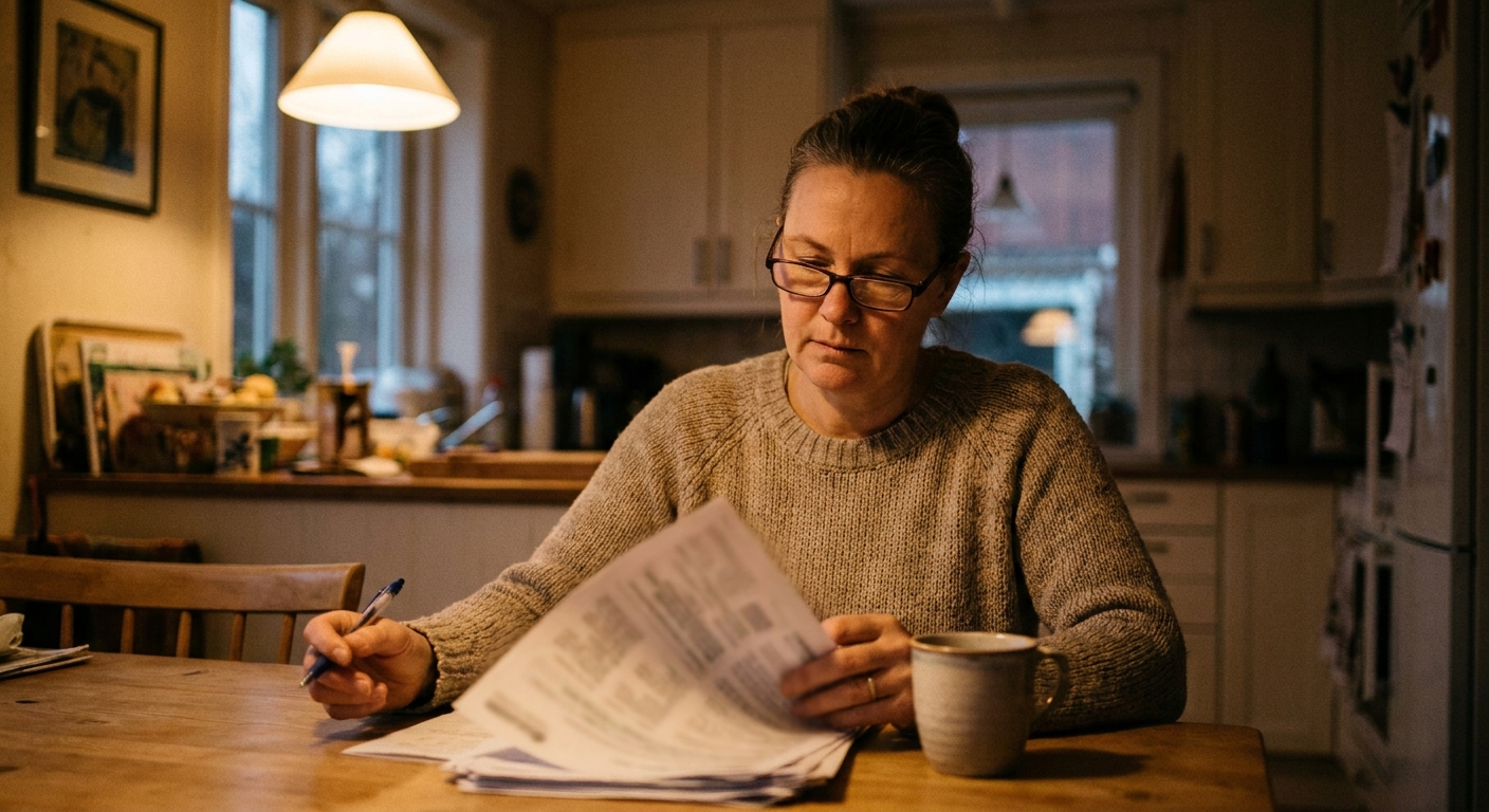 Veterinarian reviewing a multi-year payout schedule on paper at a clinic desk, calculator and coffee mug nearby, captured candidly in natural light