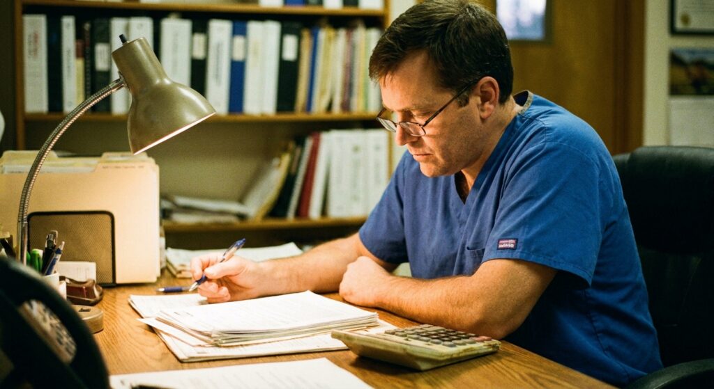 Veterinarian studying a multi-page term sheet at his desk in the evening