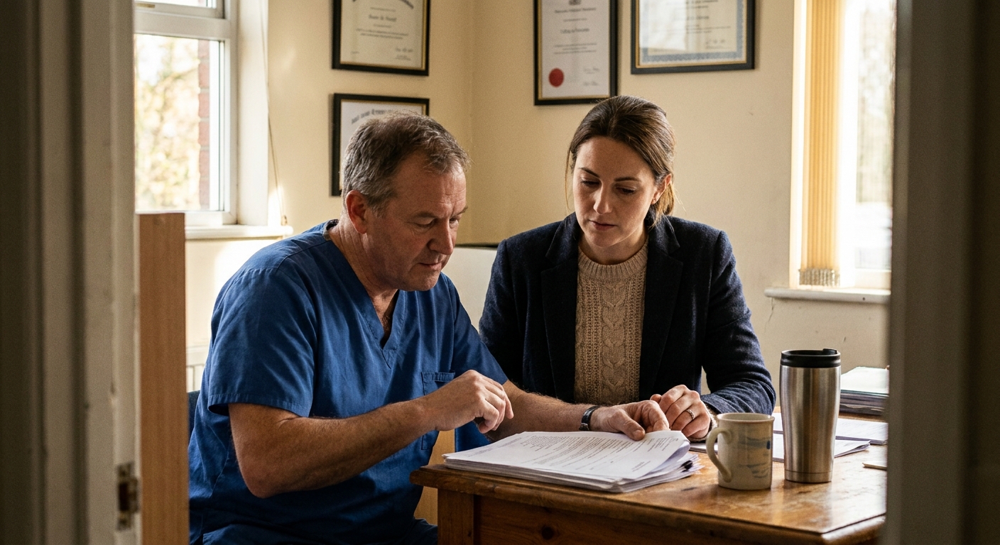 Veterinarian continuing to work alongside the practice team after the sale, looking down at a patient chart in natural light, calm and focused
