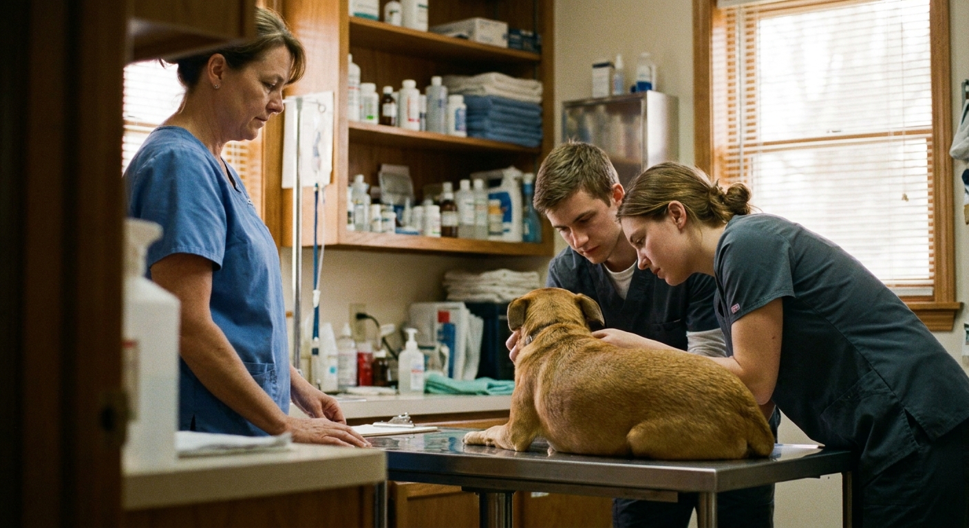 A veterinarian and a sell-side advisor reviewing an employment-agreement term sheet together at a table, looking down at the documents, natural light