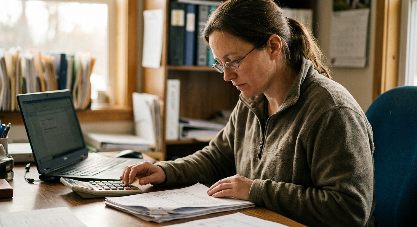 A veterinarian in her forties sitting at a cluttered practice desk, looking down at a stapled written acquisition offer, reading glasses and a coffee mug beside a yellow legal pad