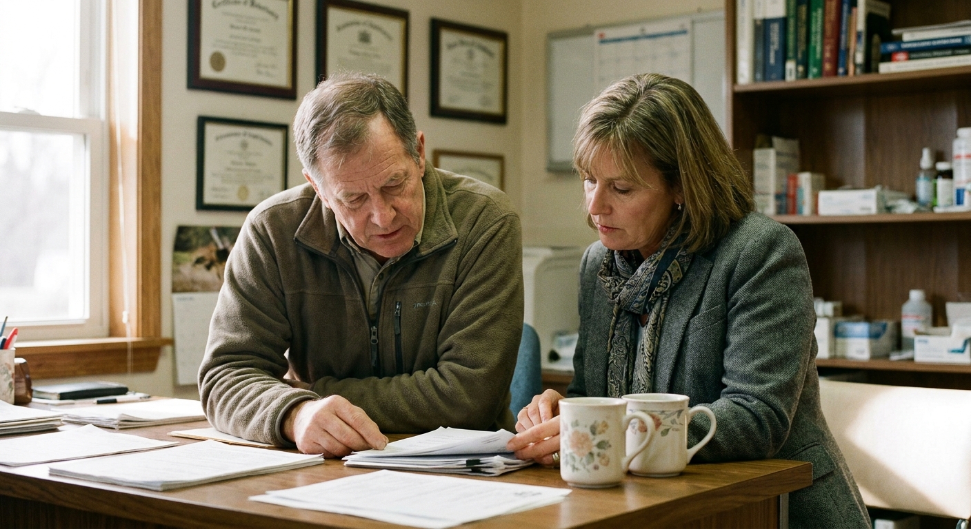 A veterinarian in his sixties sitting beside a sell-side advisor at a table, the two of them reviewing the printed terms of an acquisition offer together