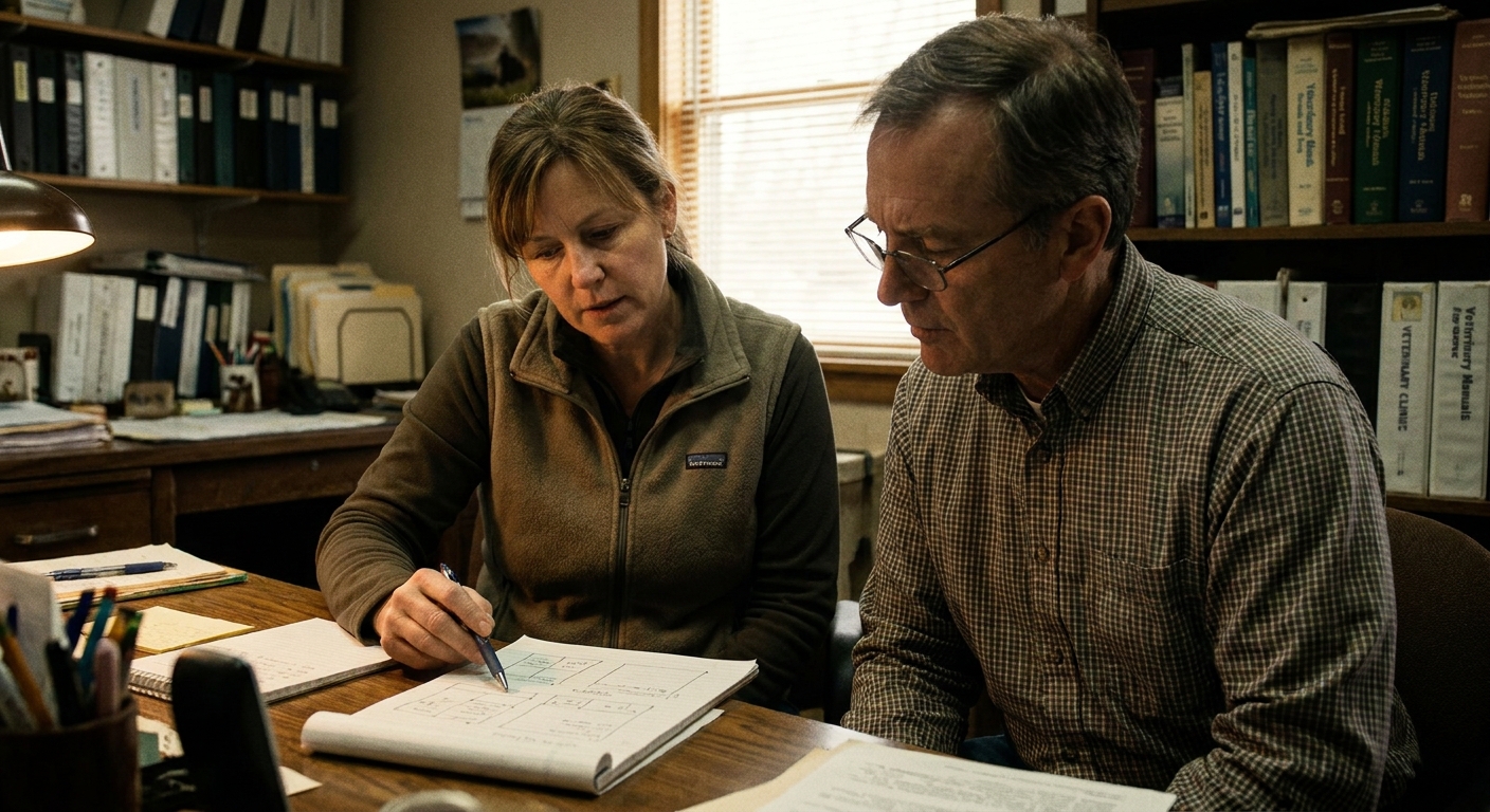 A veterinarian and a CPA sitting together reviewing entity-structure and tax documents at a desk in natural light, both looking down at the papers, calm and focused