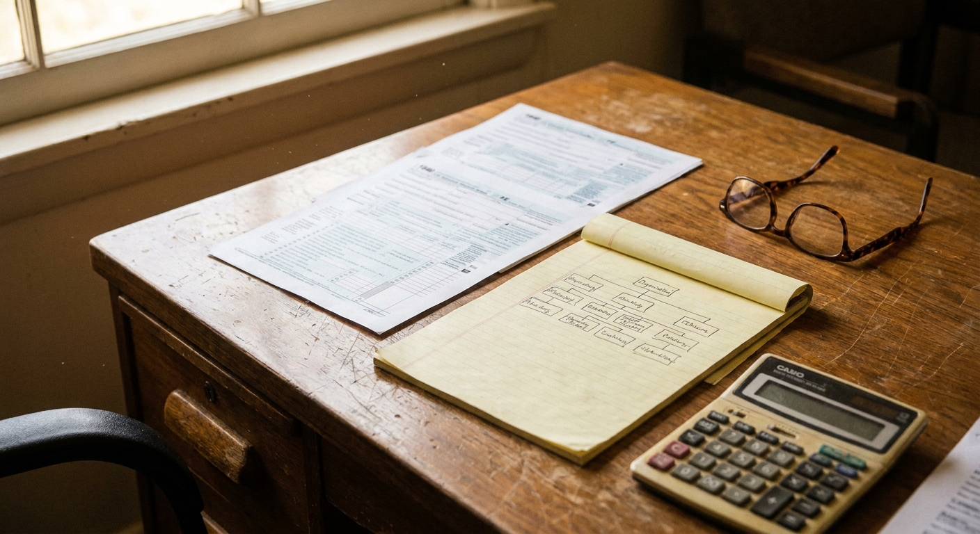 Close-up of practice tax documents, a hand-sketched entity organizational chart, and a calculator on a desk, the kind of paperwork that gets reviewed when planning a sale