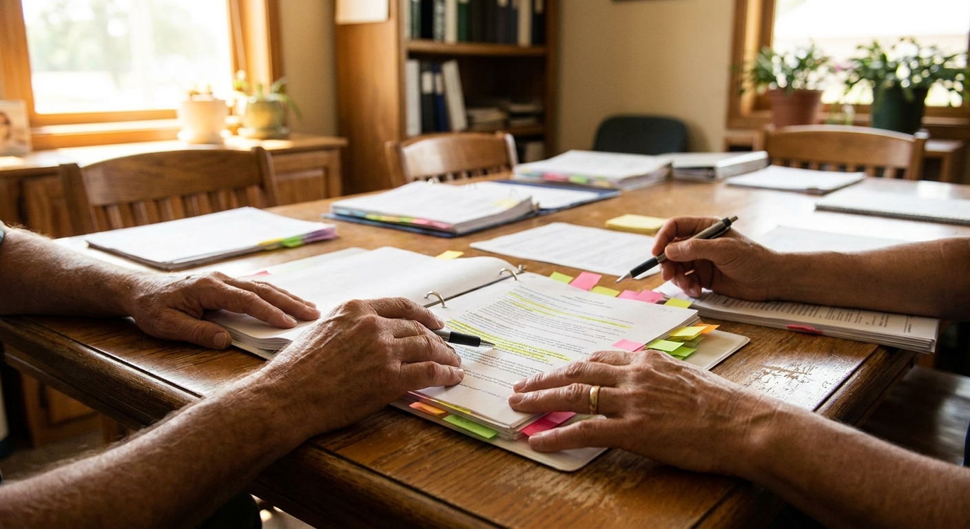 A veterinarian in her forties sitting at a desk in her practice office, reading a stapled written acquisition offer, a notepad and reading glasses beside her, calm and focused, looking down at the document not the camera, warm natural light
