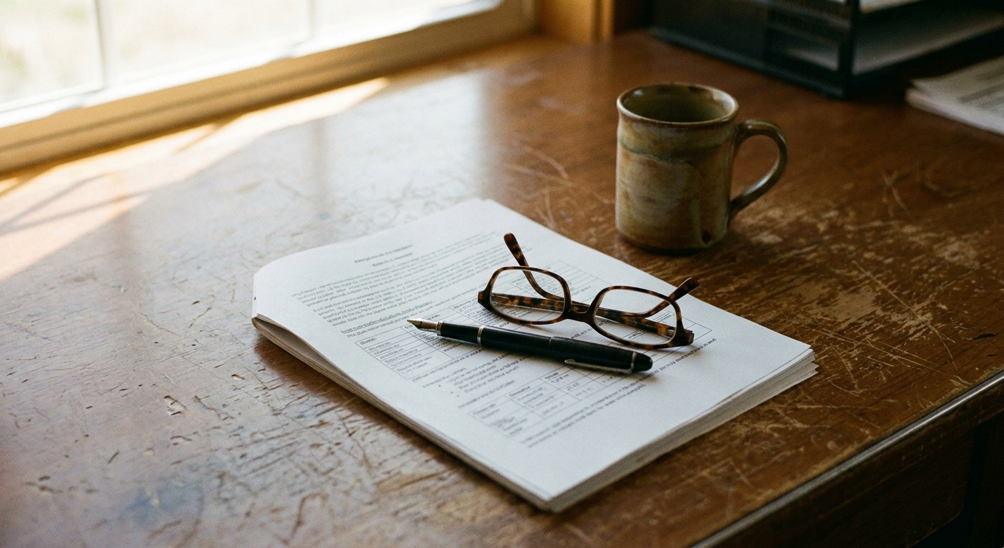 A veterinarian in his late fifties and a sell-side advisor sitting together at a table reviewing the printed terms of an acquisition offer, pointing at a line on the page, calm and focused, warm natural light, candid documentary feel
