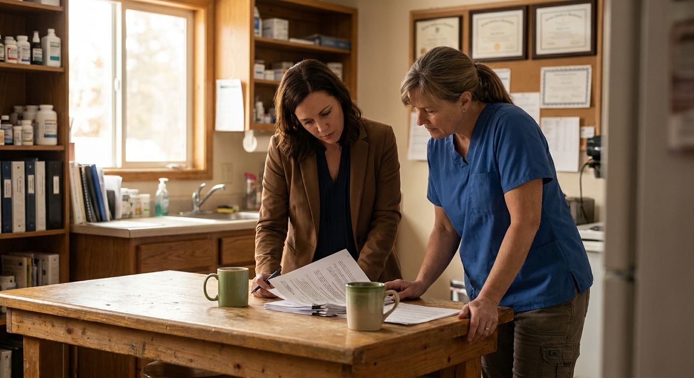 Two practice owners reviewing a printed offer summary together in a practice break room, one pointing at a line item, the other listening, unposed and candid