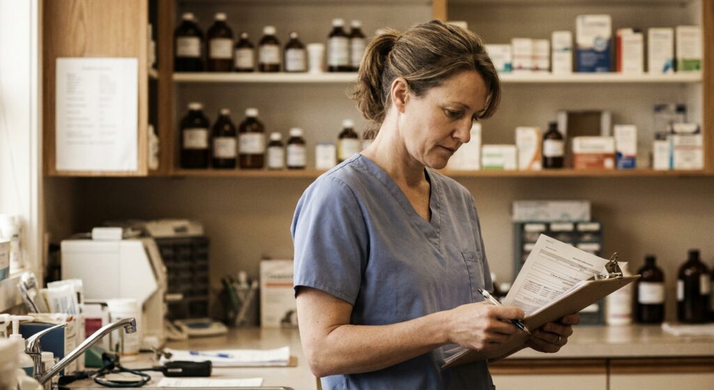 Veterinarian reviewing veterinary practice sale documents