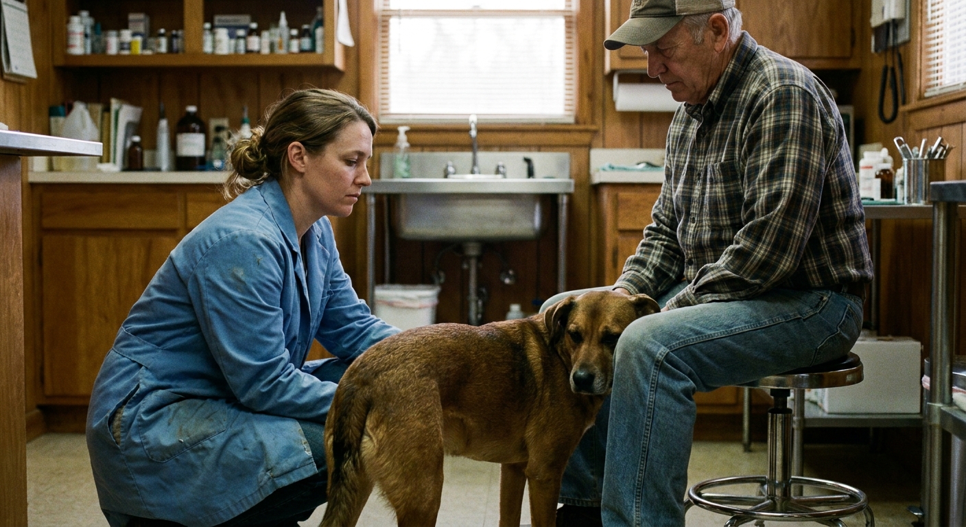 Veterinarian greeting a long-time client and their dog in an exam room, looking down at the pet, warm and unposed