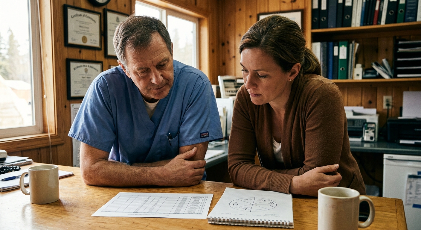 Veterinarian and a sell-side advisor reviewing a printed valuation breakdown together at a table, looking down at the documents in natural light