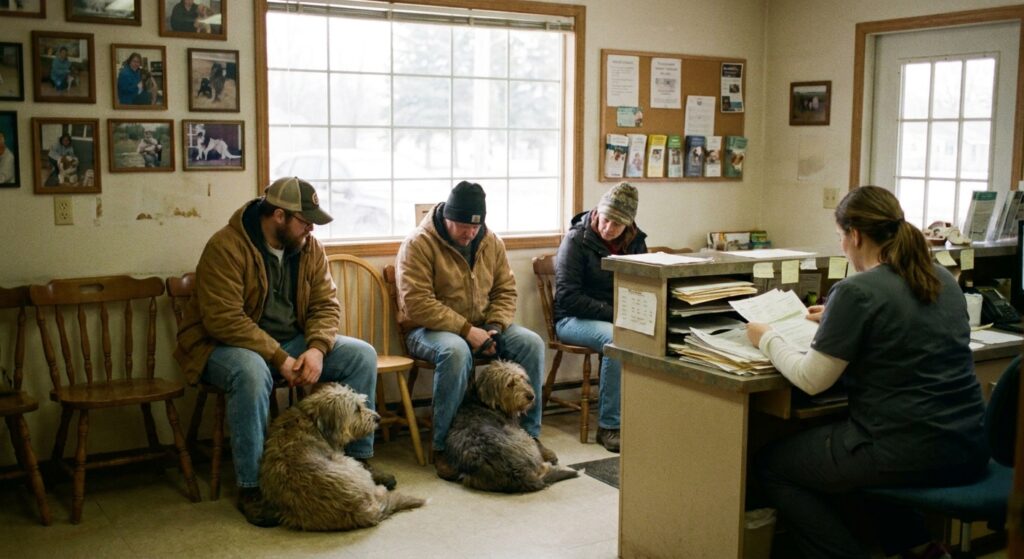 Warm, busy veterinary reception and waiting area conveying a loyal client base