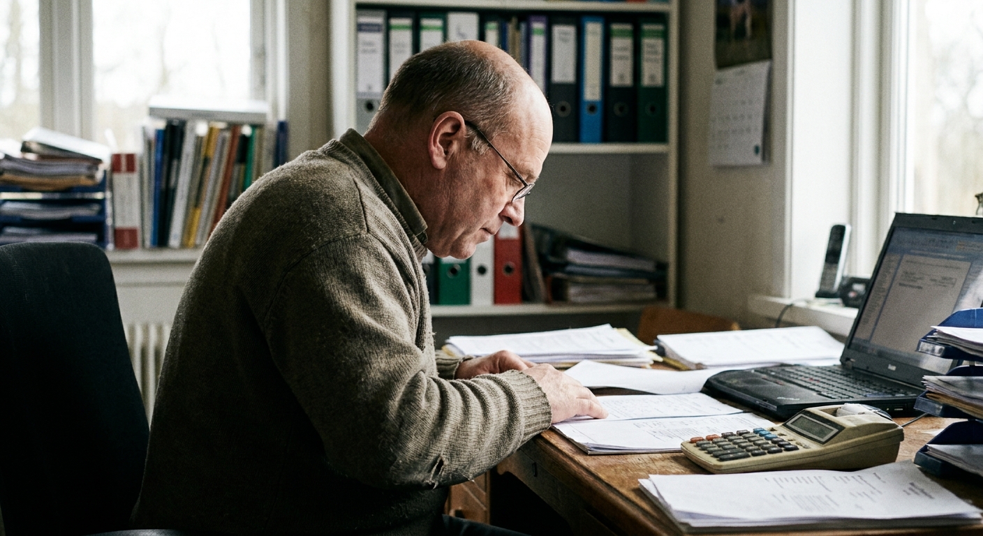A veterinarian in scrubs sitting at a clinic desk reviewing a printed acquisition offer document, reading glasses on, a coffee mug and a pet photo on the desk, calm and focused