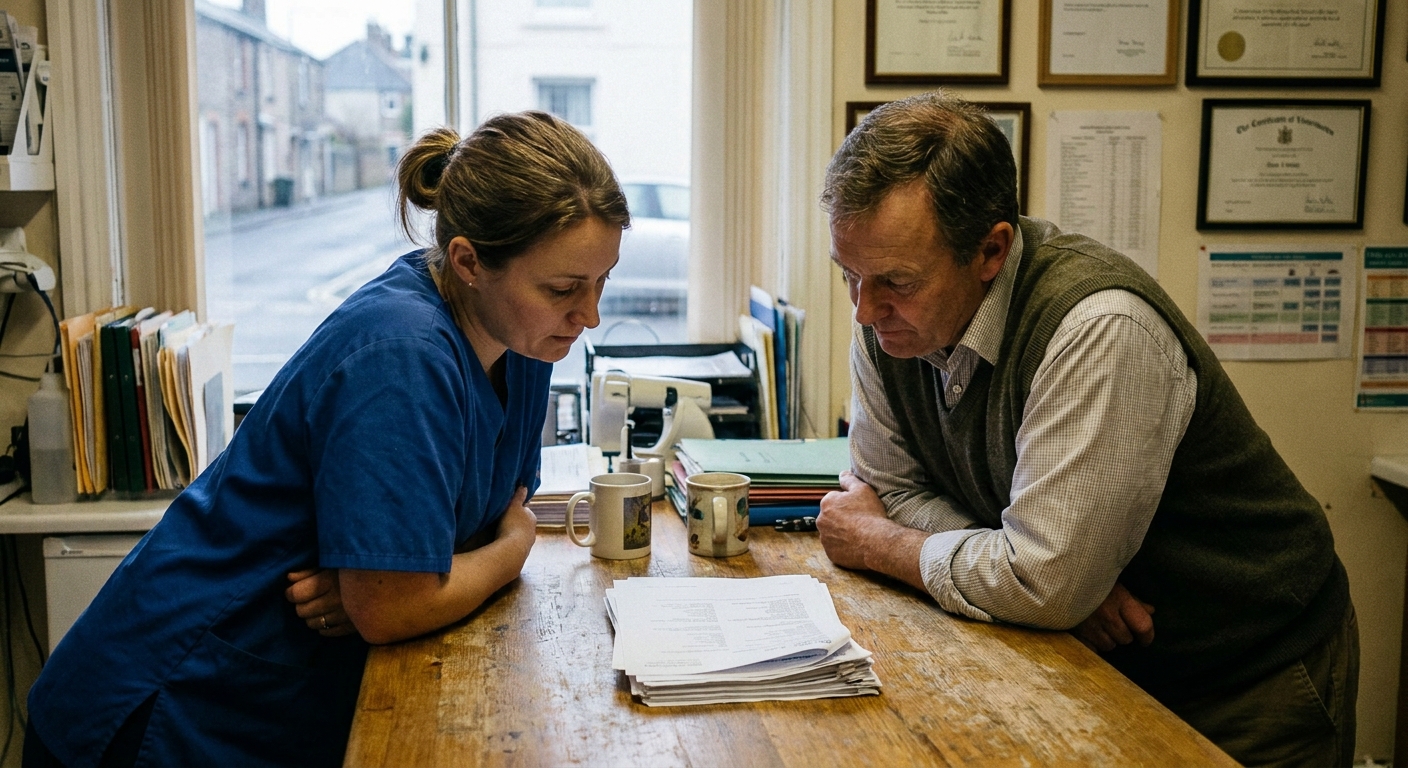 A veterinarian and a sell-side advisor seated together at a table reviewing the printed terms of an acquisition offer, both looking down at the document, papers and a laptop between them, natural light