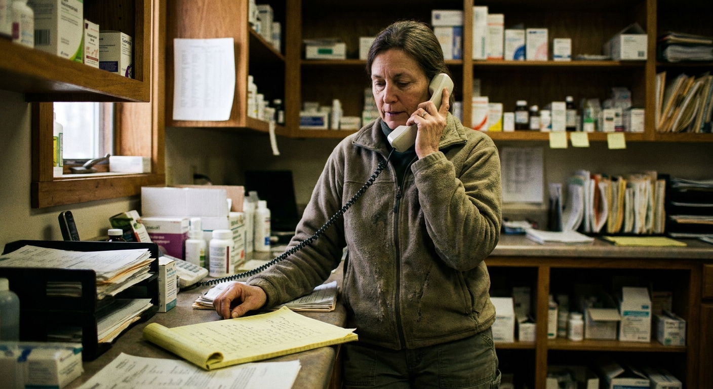 A veterinarian reviews a written offer letter at a practice desk, expression calm and focused, looking down at the document rather than at the camera