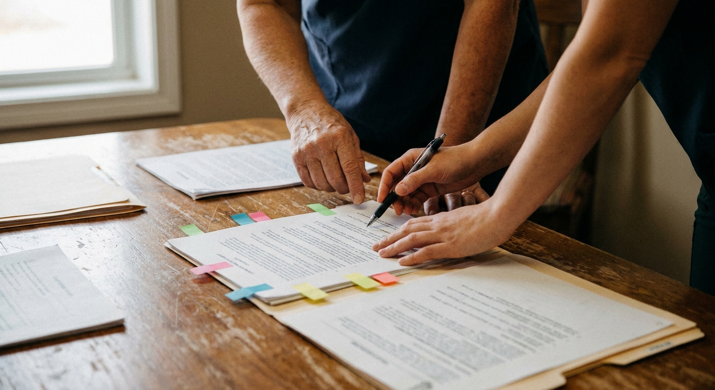 A veterinarian and a sell-side advisor review deal terms together at a table, looking down at documents in natural light, candid moment