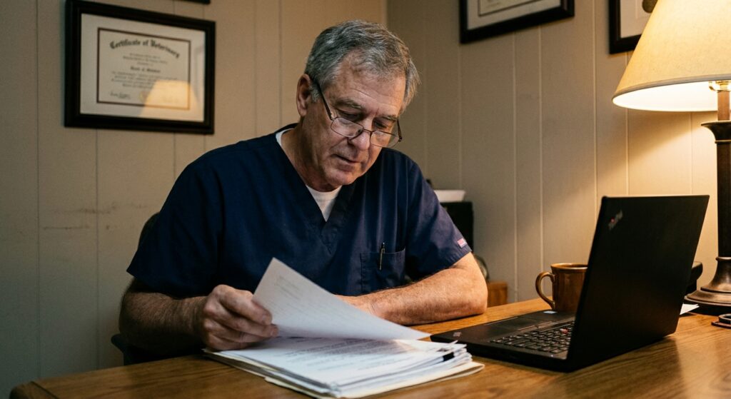 Veterinarian reviewing an acquisition offer for their practice
