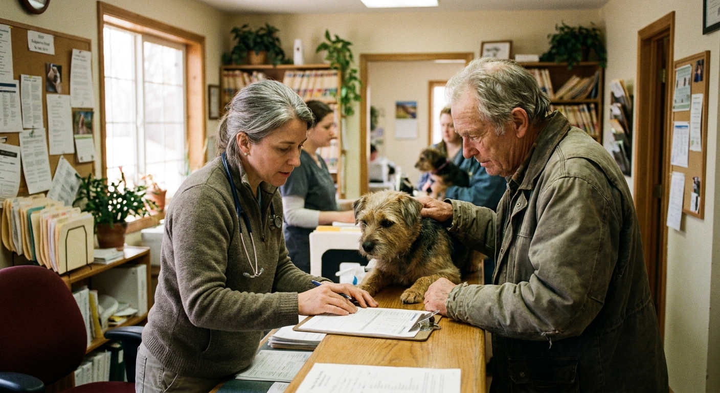 Veterinarian reviewing a multi-page contract with a legal advisor at a practice conference table, both looking down at the document, natural light from a window