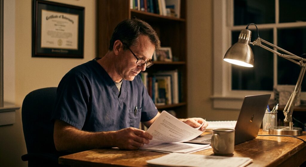 Veterinarian reviewing veterinary practice sale documents