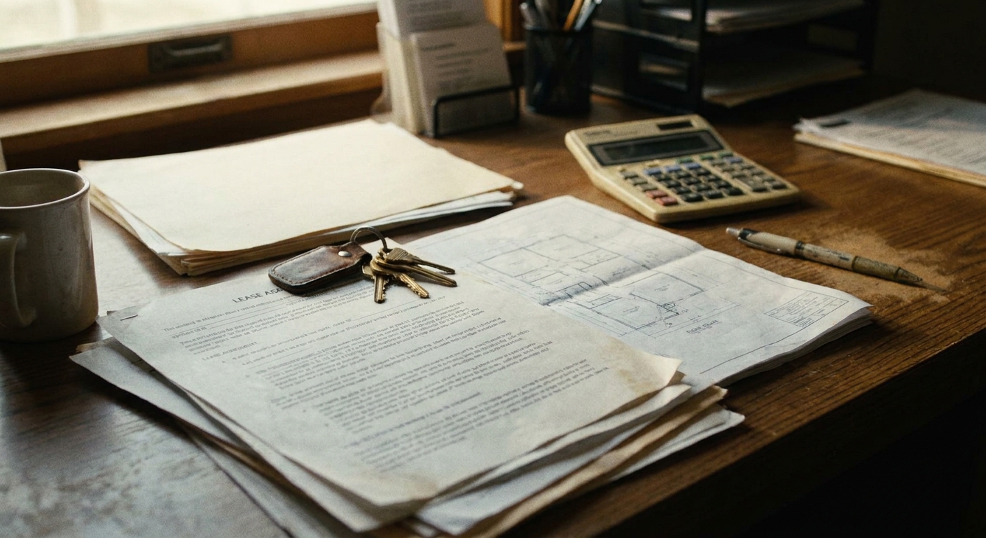 A veterinarian and a sell-side advisor reviewing a lease and property documents together at a table, looking down at the papers in natural light