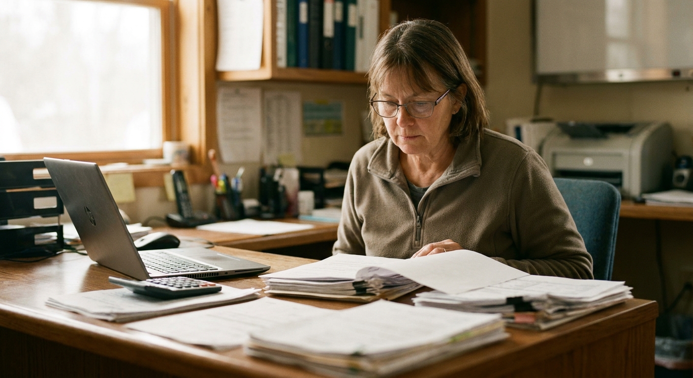A veterinarian in his early forties and a sell-side advisor reviewing a printed comparison of offers at a round conference table, both looking down at documents, natural light from a window, no brand signage visible