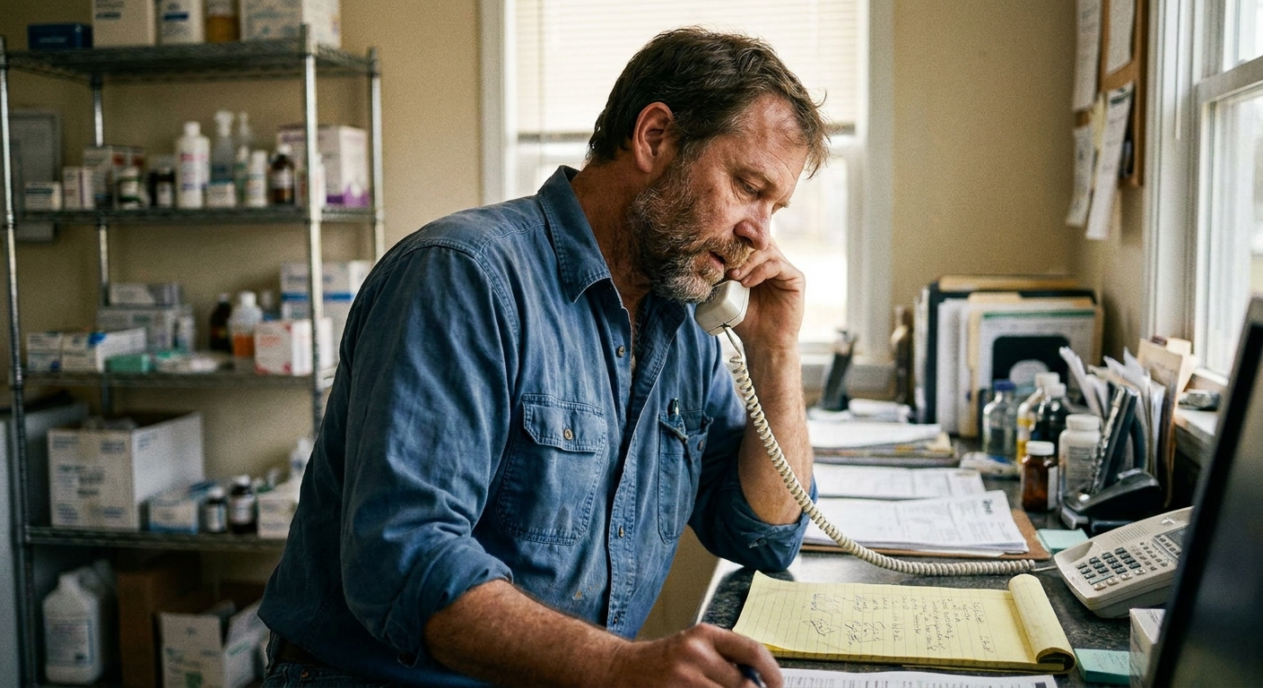 A veterinarian reviewing a written offer document at a desk, looking down at the pages with focused expression, natural ambient light, candid documentary style