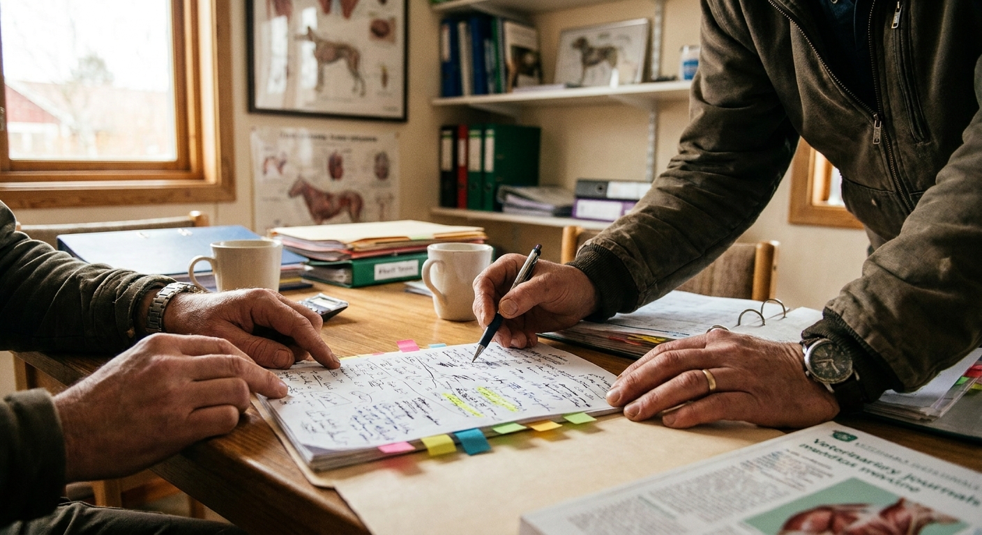 A veterinarian and a sell-side advisor sitting together reviewing deal terms on paper, both looking down at the document, warm ambient light, natural setting, not posed