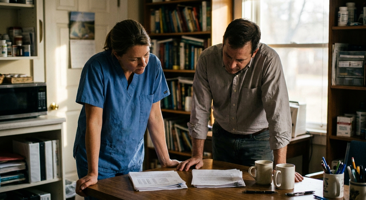 Veterinarian in a clinical setting reviewing practice documents at a desk, looking down at paperwork, neutral and focused expression, candid documentary photograph, natural ambient light, no brand signage visible