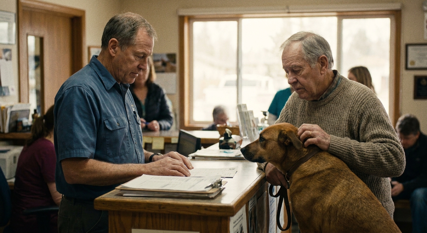 A veterinarian and a sell-side advisor seated at a table reviewing a printed term sheet, the veterinarian looking down at the documents with a calm and focused expression, the advisor pointing at a section of the page, candid documentary photograph, natural ambient light, slight off-center composition, real-practice setting