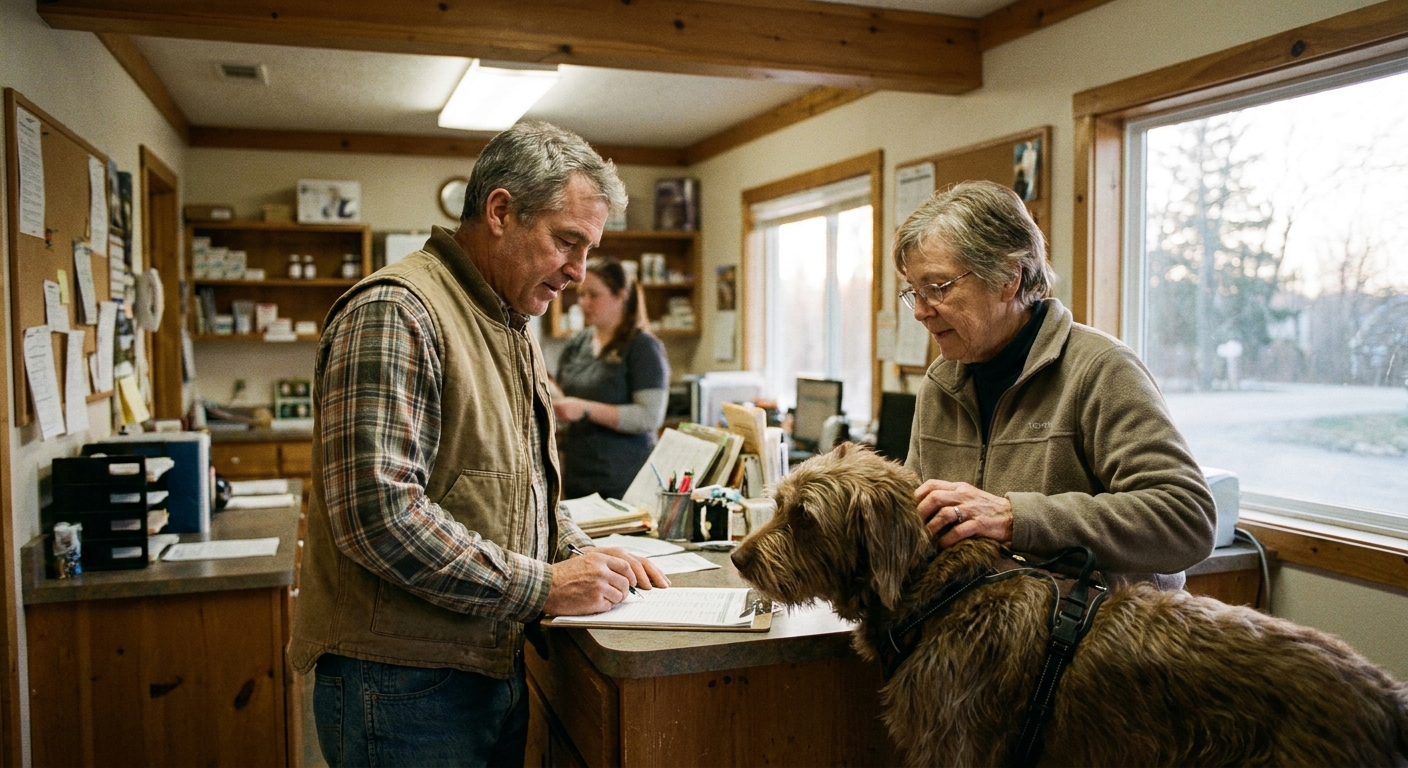 A veterinarian reviewing a written acquisition offer at a desk, looking down at the document in natural light, slight off-center composition