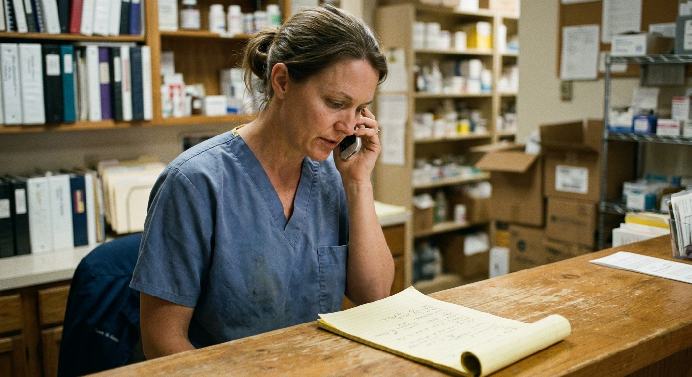 A veterinarian and a sell-side advisor reviewing acquisition terms together at a table, looking down at printed documents in natural clinic light, candid and unposed