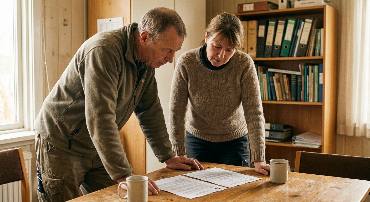 Veterinarian reviewing a written offer document at a desk in a practice setting, looking down at the papers, natural ambient light, unposed
