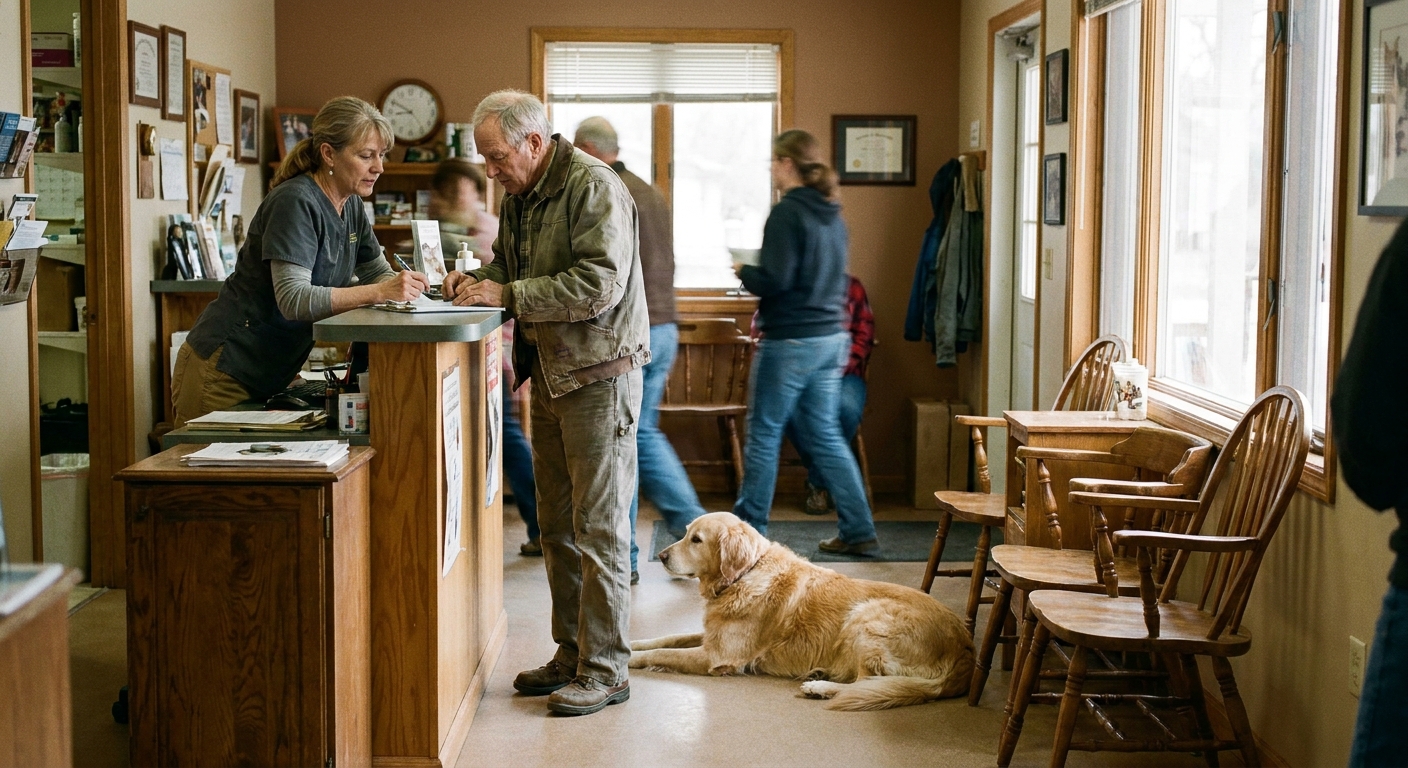 Veterinarian and a sell-side advisor sitting at a table reviewing deal term sheets side by side, both looking down at the documents, warm natural light
