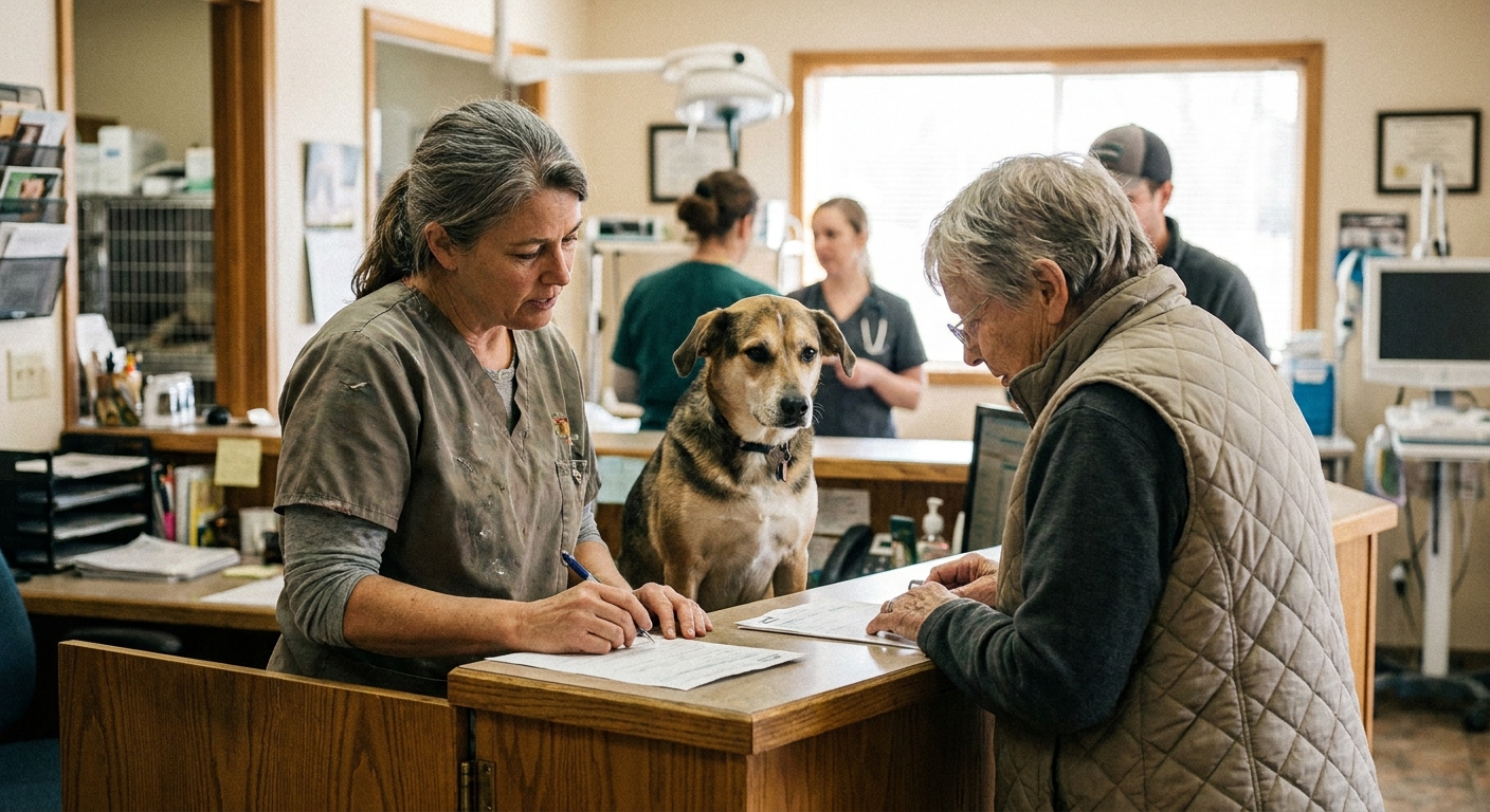 A veterinarian reviews a written acquisition offer at a practice desk, looking down at the document — candid, natural light, no brand signage visible