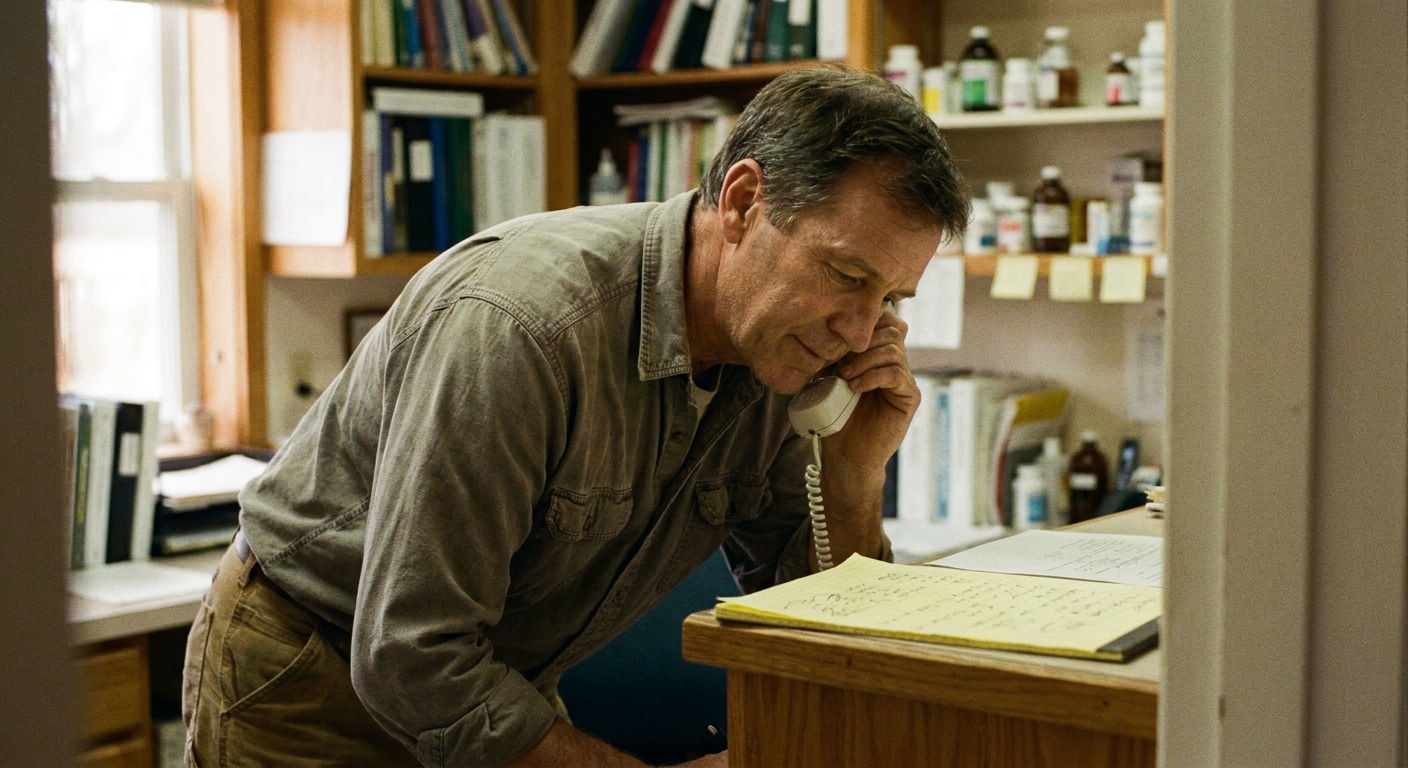 A veterinarian and a sell-side advisor review deal terms together at a table, both looking down at printed documents — candid, natural light, warm color