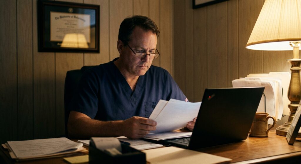Veterinarian reviewing an acquisition offer for their practice