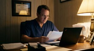 Veterinarian reviewing an acquisition offer for their practice