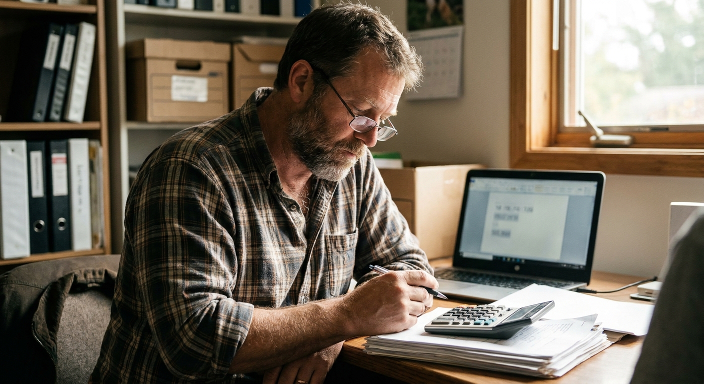 A veterinarian sitting at a kitchen table in the evening, reading through a printed offer letter, pen in hand, looking down at the pages in warm lamplight