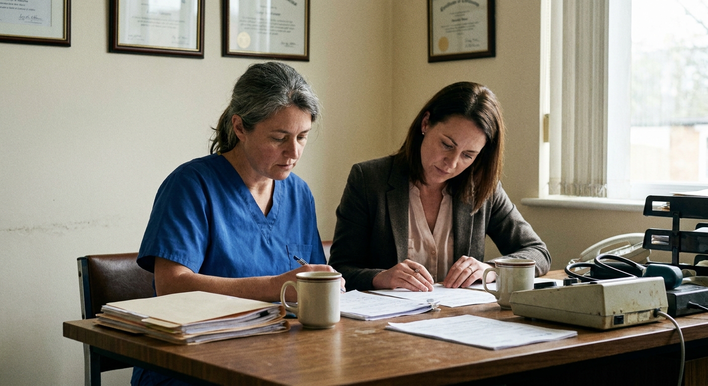 A veterinarian and a sell-side advisor reviewing several offer summaries side by side on a table in a sunlit office, both looking down at the documents, calm and focused